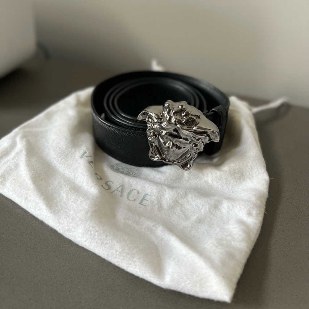 Mens safiano leather Versace Medusa belt in size 110